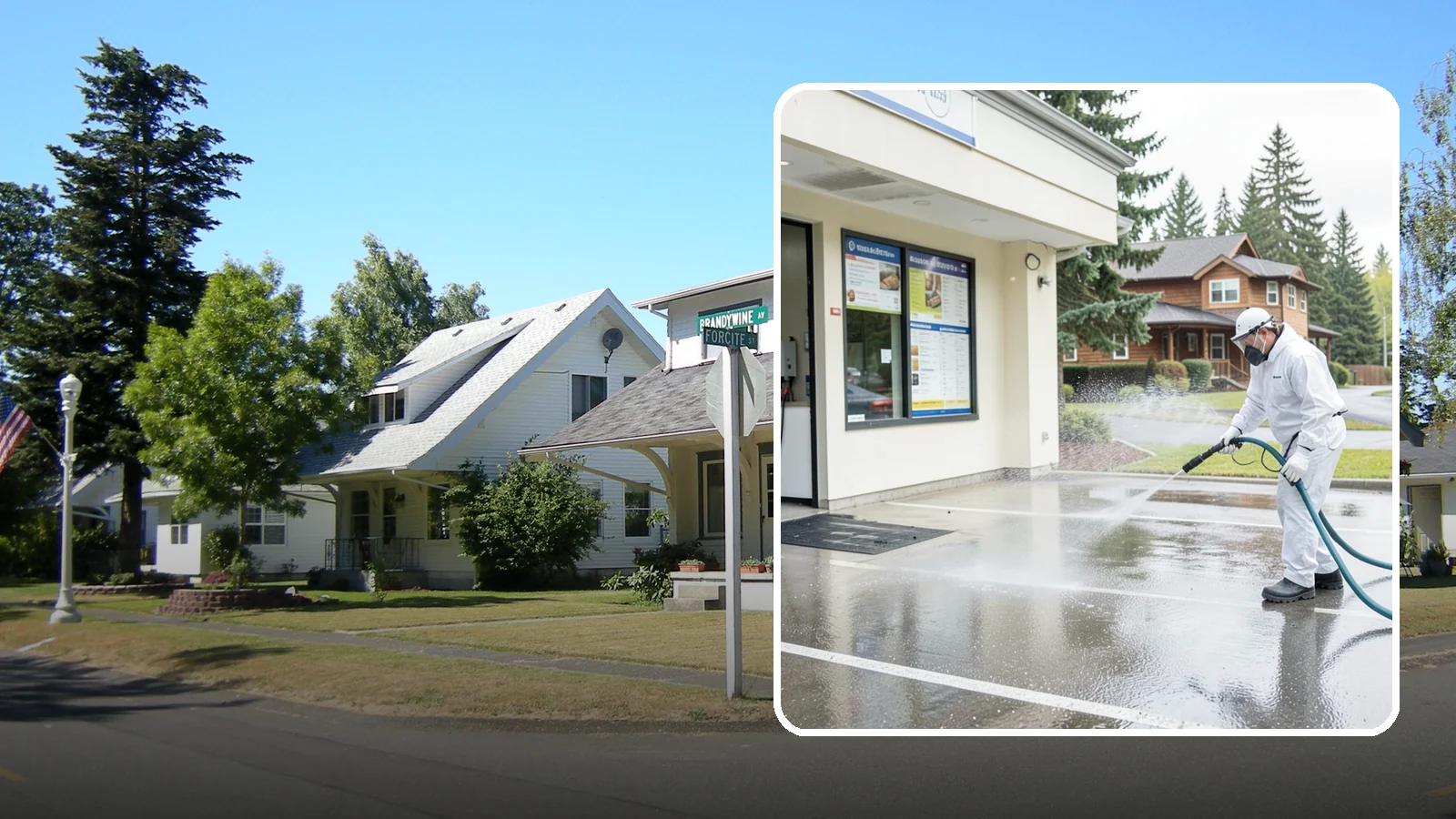 Drive-Thru Cleaning in DuPont, Pierce County, WA - Targeted cleaning of drive-thru lanes, order windows, and menu-board pads where spilled food, grease, and PNW moss build up fast.