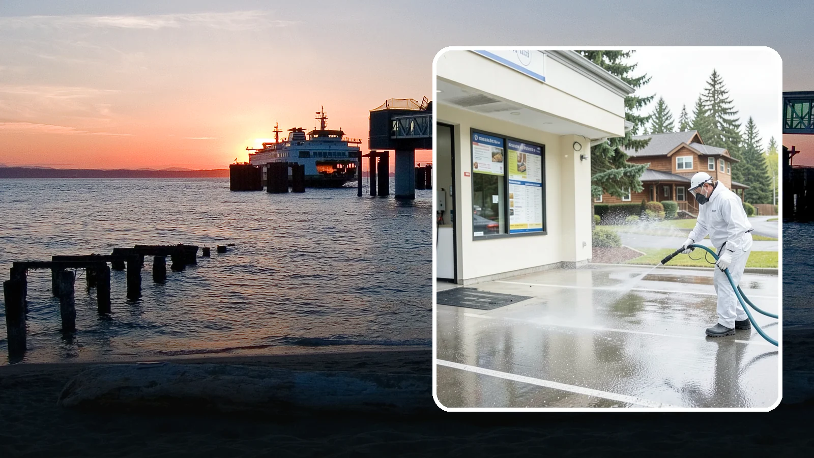 Drive-Thru Cleaning in Edmonds, Snohomish County, WA - Targeted cleaning of drive-thru lanes, order windows, and menu-board pads where spilled food, grease, and PNW moss build up fast.