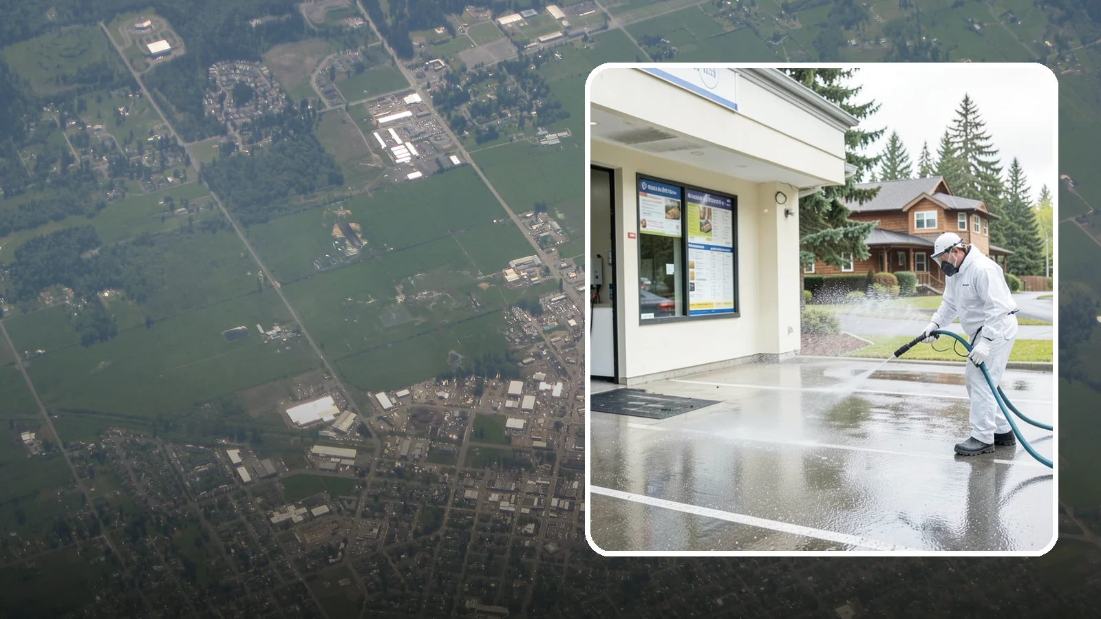 Drive-Thru Cleaning in Enumclaw, King County, WA - Targeted cleaning of drive-thru lanes, order windows, and menu-board pads where spilled food, grease, and PNW moss build up fast.