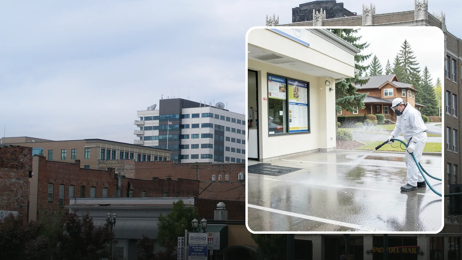 Drive-Thru Cleaning in Everett, Snohomish County, WA - Targeted cleaning of drive-thru lanes, order windows, and menu-board pads where spilled food, grease, and PNW moss build up fast.