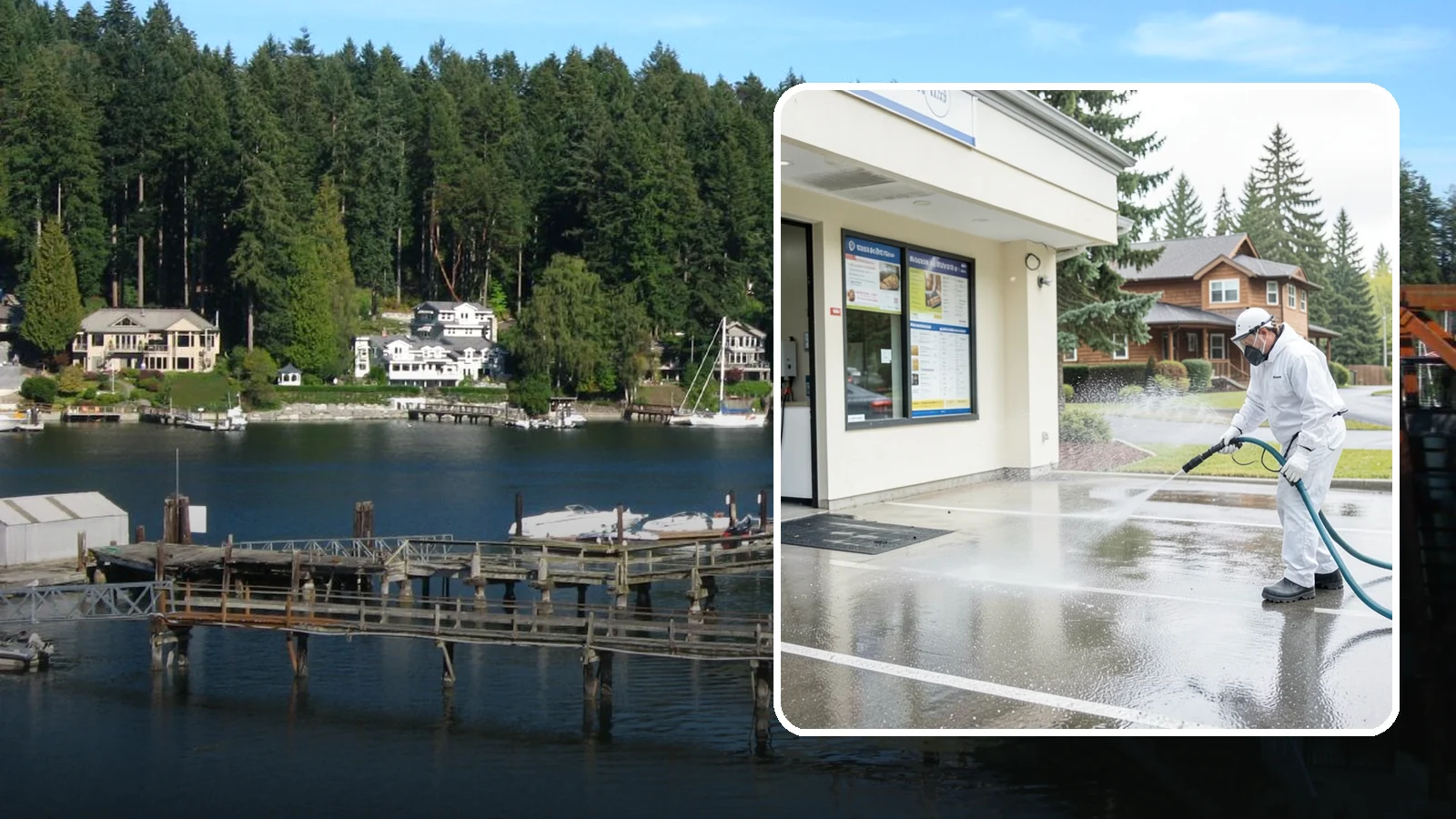 Drive-Thru Cleaning in Gig Harbor, Pierce County, WA - Targeted cleaning of drive-thru lanes, order windows, and menu-board pads where spilled food, grease, and PNW moss build up fast.