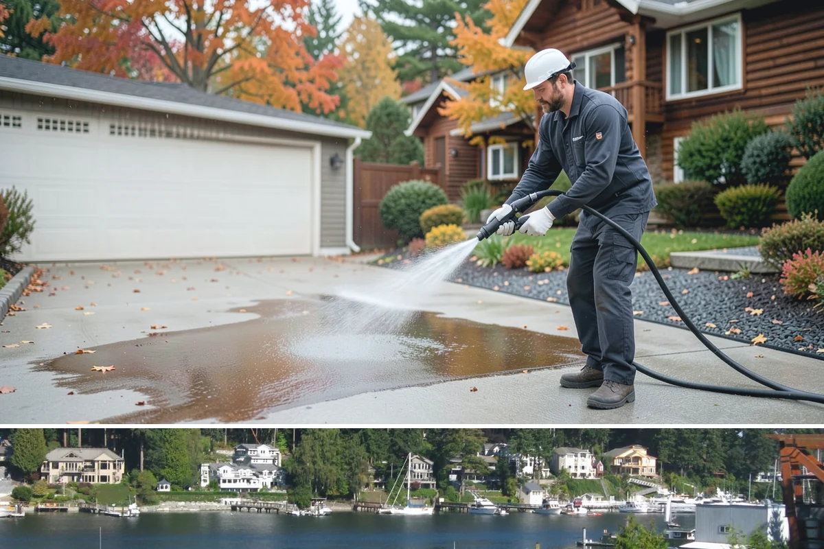 Drive-Thru Cleaning in Gig Harbor, Pierce County, WA - Best cleaned every quarter year-round, with extra attention in fall when leaf litter and rain accelerate algae in the lane.