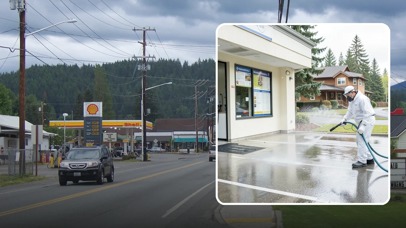 Drive-Thru Cleaning in Granite Falls, Snohomish County, WA - Targeted cleaning of drive-thru lanes, order windows, and menu-board pads where spilled food, grease, and PNW moss build up fast.