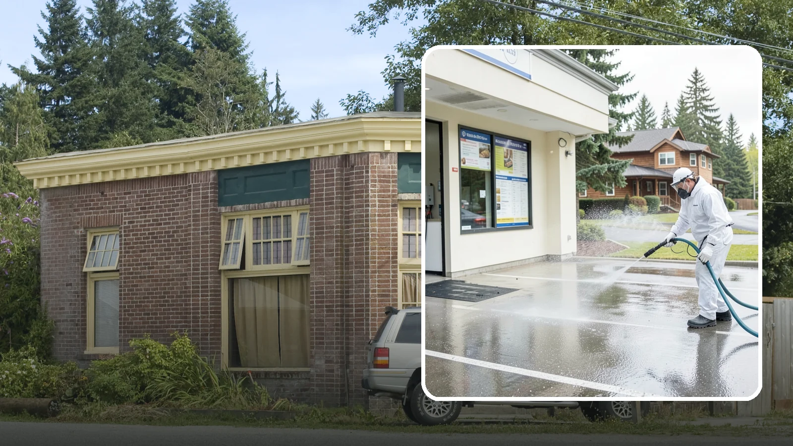 Drive-Thru Cleaning in Hamilton, Skagit County, WA - Targeted cleaning of drive-thru lanes, order windows, and menu-board pads where spilled food, grease, and PNW moss build up fast.