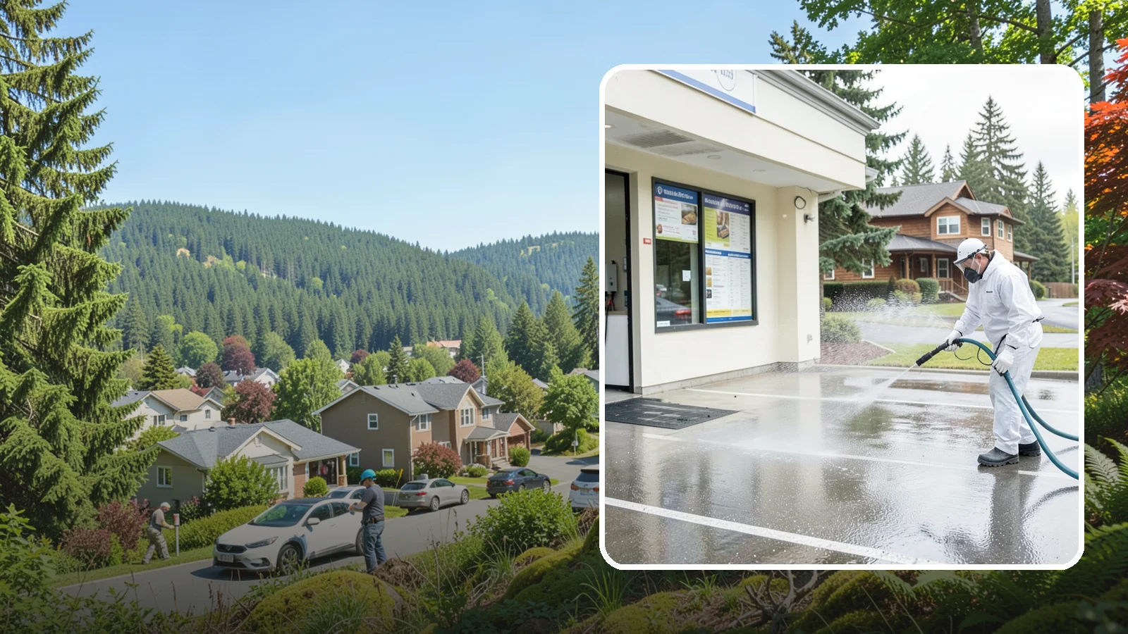 Drive-Thru Cleaning in Index, Snohomish County, WA - Targeted cleaning of drive-thru lanes, order windows, and menu-board pads where spilled food, grease, and PNW moss build up fast.