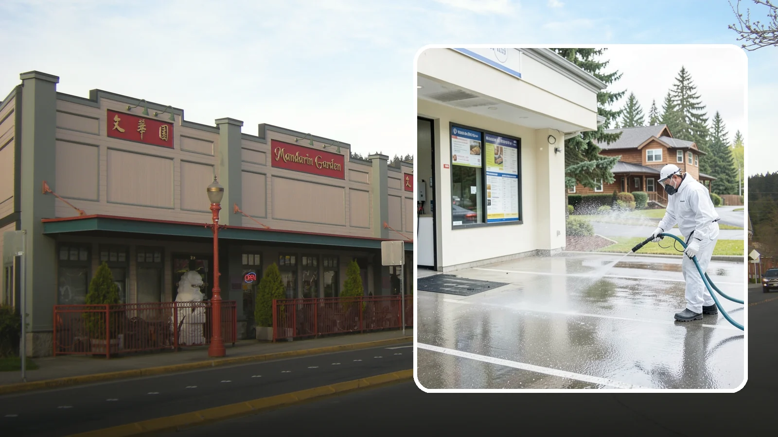 Drive-Thru Cleaning in Issaquah, King County, WA - Targeted cleaning of drive-thru lanes, order windows, and menu-board pads where spilled food, grease, and PNW moss build up fast.