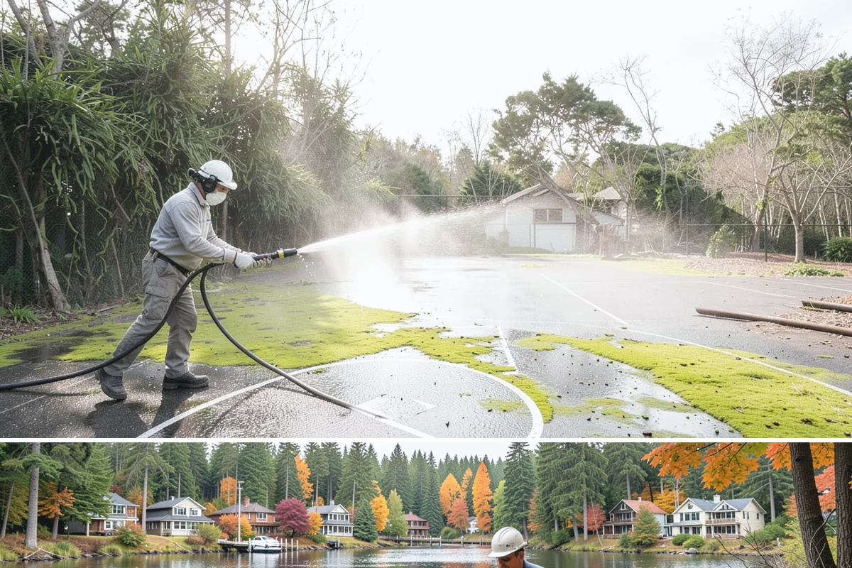 Drive-Thru Cleaning in La Conner, Skagit County, WA - Best cleaned every quarter year-round, with extra attention in fall when leaf litter and rain accelerate algae in the lane.