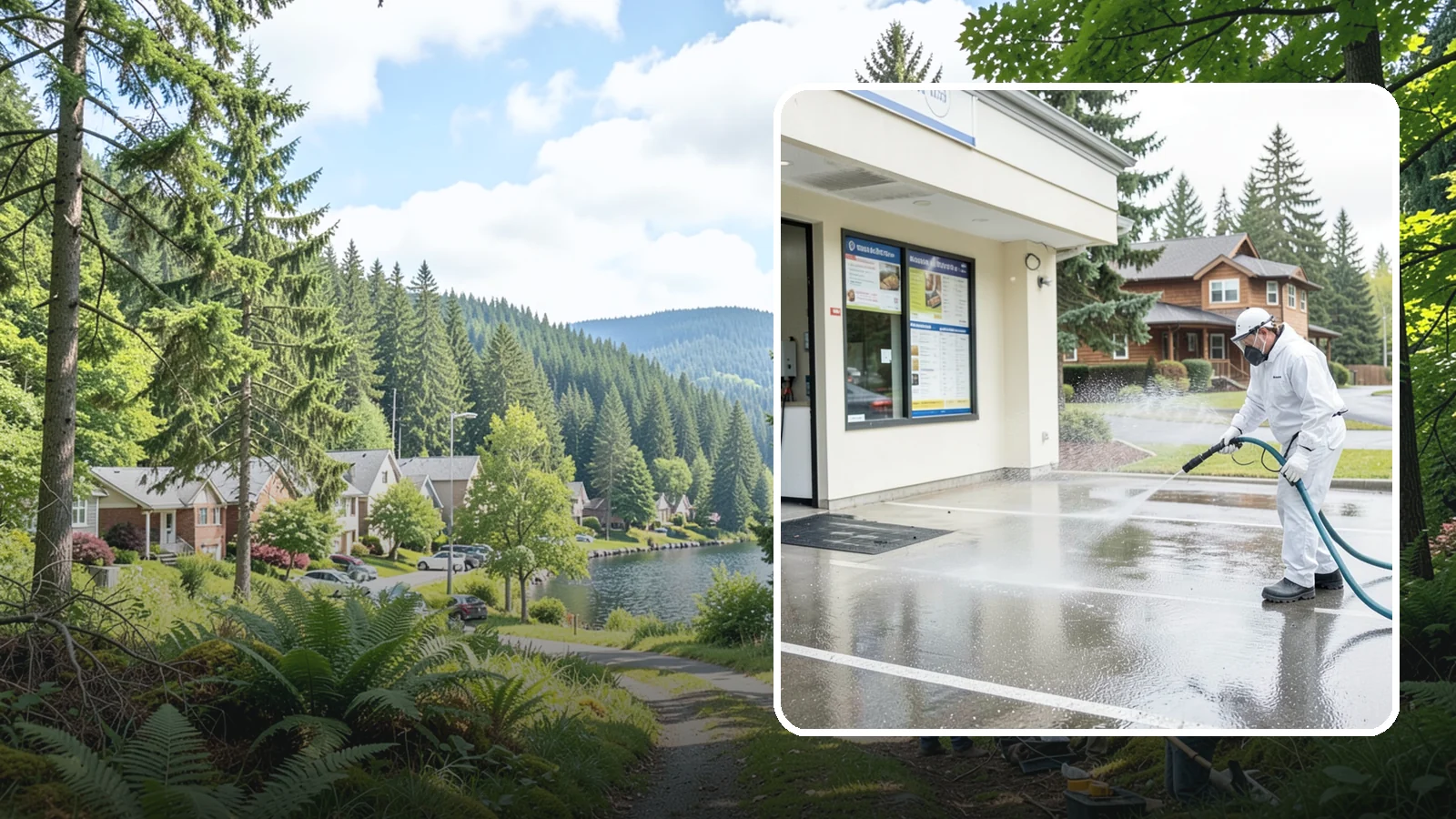 Drive-Thru Cleaning in Lake Forest Park, King County, WA - Targeted cleaning of drive-thru lanes, order windows, and menu-board pads where spilled food, grease, and PNW moss build up fast.