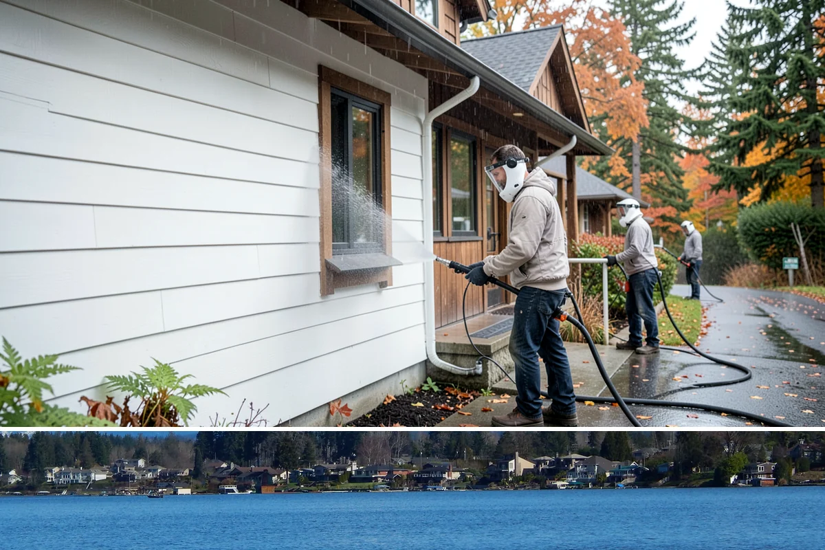 Drive-Thru Cleaning in Lake Stevens, Snohomish County, WA - Best cleaned every quarter year-round, with extra attention in fall when leaf litter and rain accelerate algae in the lane.