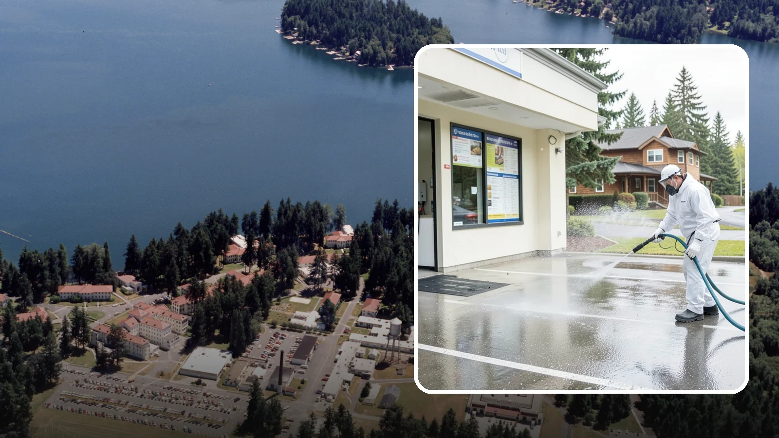 Drive-Thru Cleaning in Lakewood, Pierce County, WA - Targeted cleaning of drive-thru lanes, order windows, and menu-board pads where spilled food, grease, and PNW moss build up fast.
