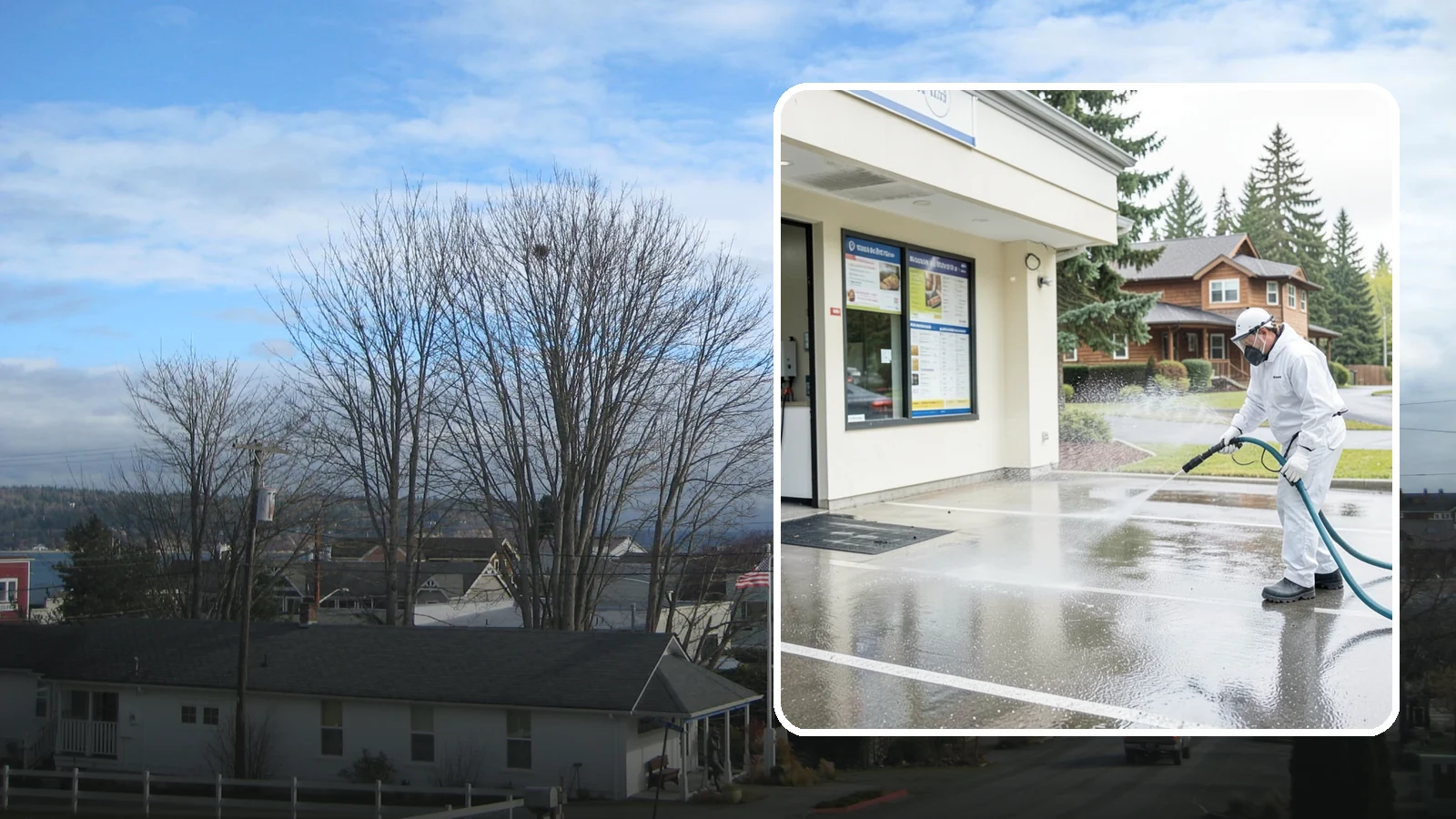 Drive-Thru Cleaning in Langley, Island County, WA - Targeted cleaning of drive-thru lanes, order windows, and menu-board pads where spilled food, grease, and PNW moss build up fast.