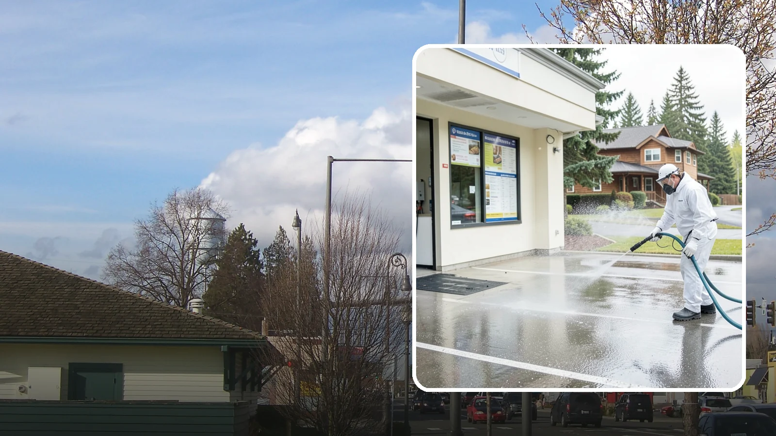Drive-Thru Cleaning in Marysville, Snohomish County, WA - Targeted cleaning of drive-thru lanes, order windows, and menu-board pads where spilled food, grease, and PNW moss build up fast.