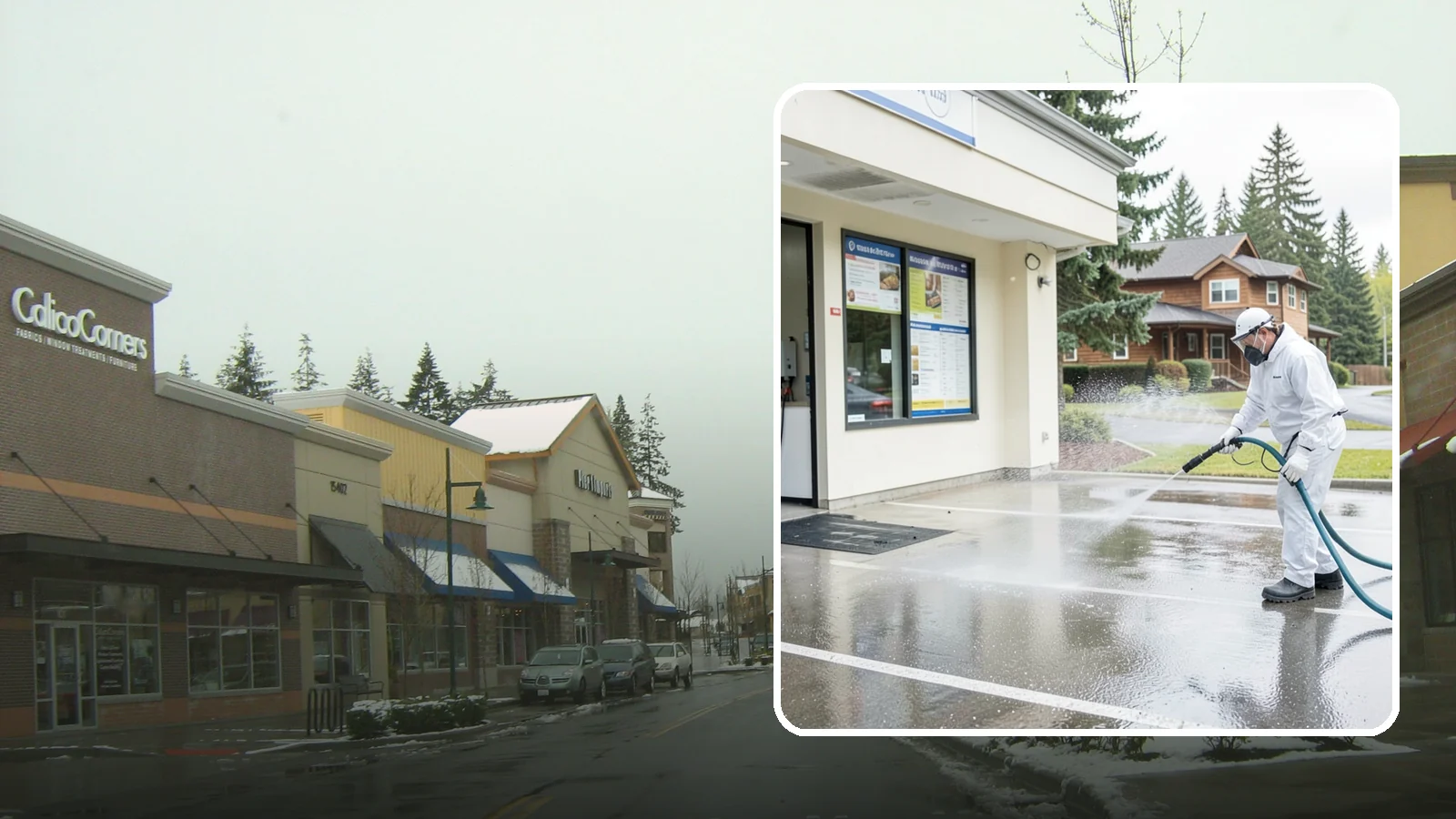 Drive-Thru Cleaning in Mill Creek, Snohomish County, WA - Targeted cleaning of drive-thru lanes, order windows, and menu-board pads where spilled food, grease, and PNW moss build up fast.