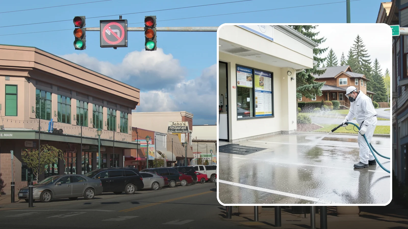 Drive-Thru Cleaning in Monroe, Snohomish County, WA - Targeted cleaning of drive-thru lanes, order windows, and menu-board pads where spilled food, grease, and PNW moss build up fast.