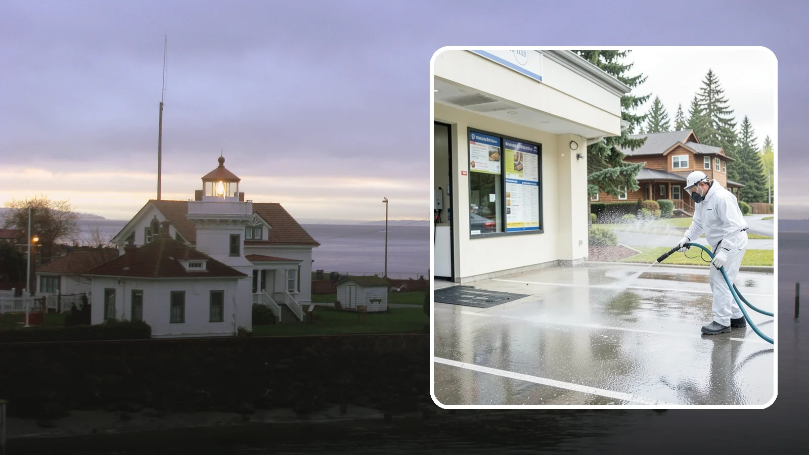 Drive-Thru Cleaning in Mukilteo, Snohomish County, WA - Targeted cleaning of drive-thru lanes, order windows, and menu-board pads where spilled food, grease, and PNW moss build up fast.