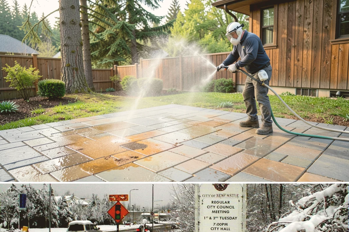 Drive-Thru Cleaning in Newcastle, King County, WA - Best cleaned every quarter year-round, with extra attention in fall when leaf litter and rain accelerate algae in the lane.