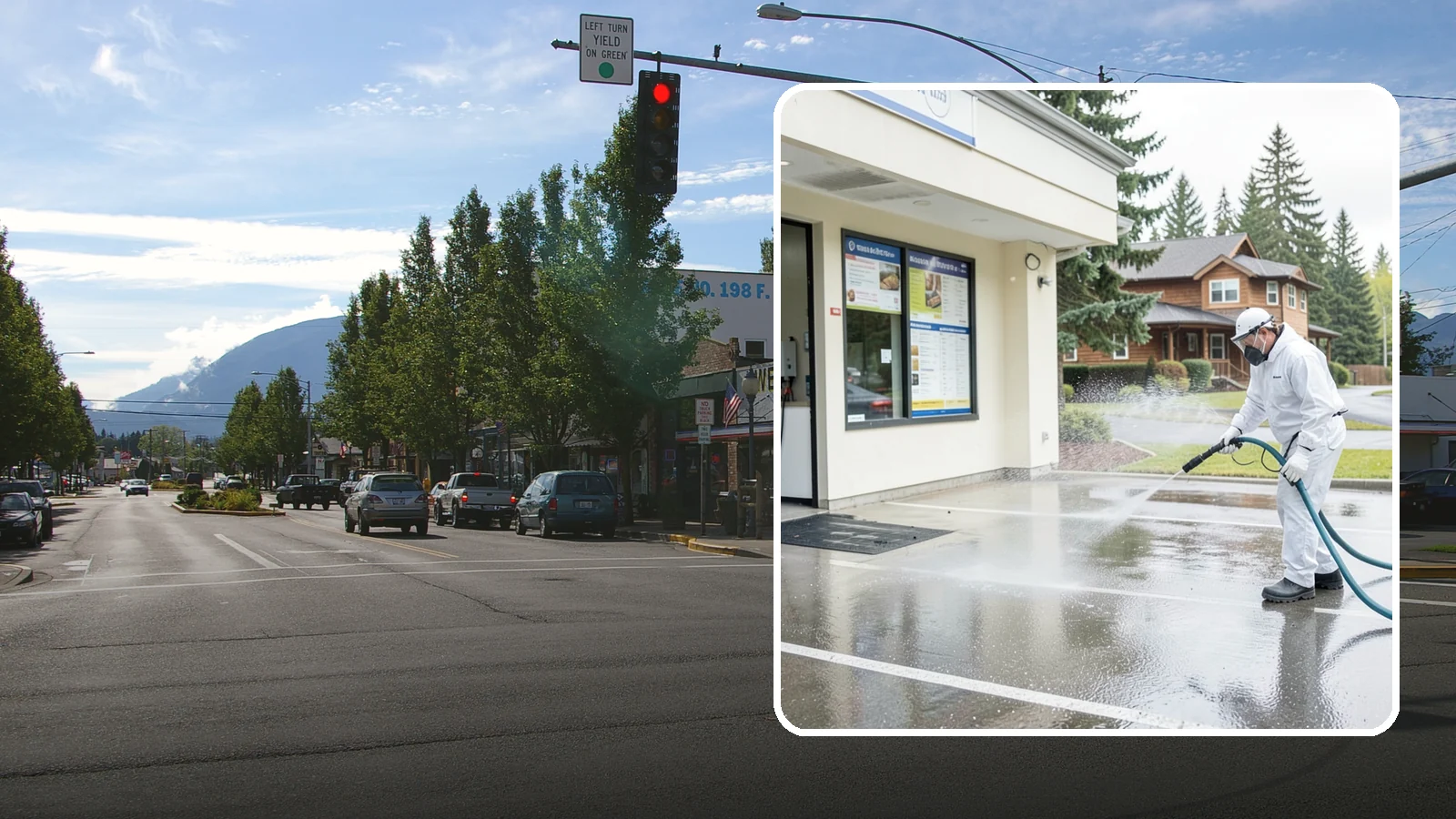 Drive-Thru Cleaning in North Bend, King County, WA - Targeted cleaning of drive-thru lanes, order windows, and menu-board pads where spilled food, grease, and PNW moss build up fast.