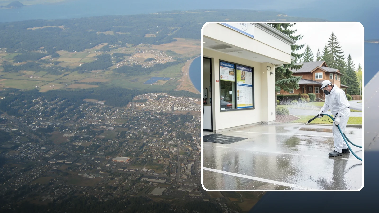 Drive-Thru Cleaning in Oak Harbor, Island County, WA - Targeted cleaning of drive-thru lanes, order windows, and menu-board pads where spilled food, grease, and PNW moss build up fast.