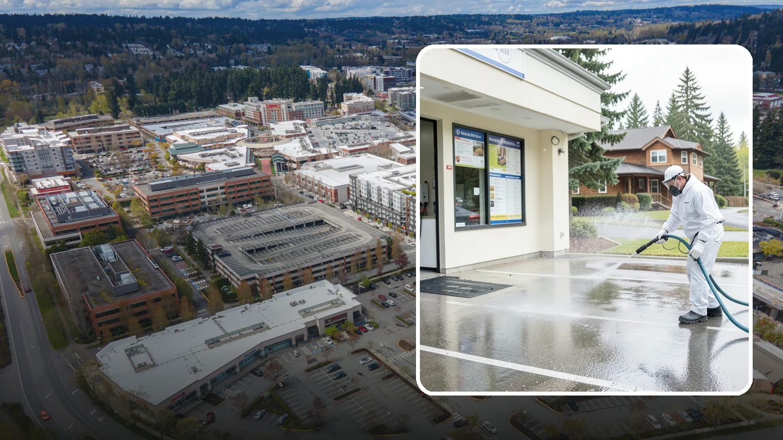 Drive-Thru Cleaning in Redmond, King County, WA - Targeted cleaning of drive-thru lanes, order windows, and menu-board pads where spilled food, grease, and PNW moss build up fast.