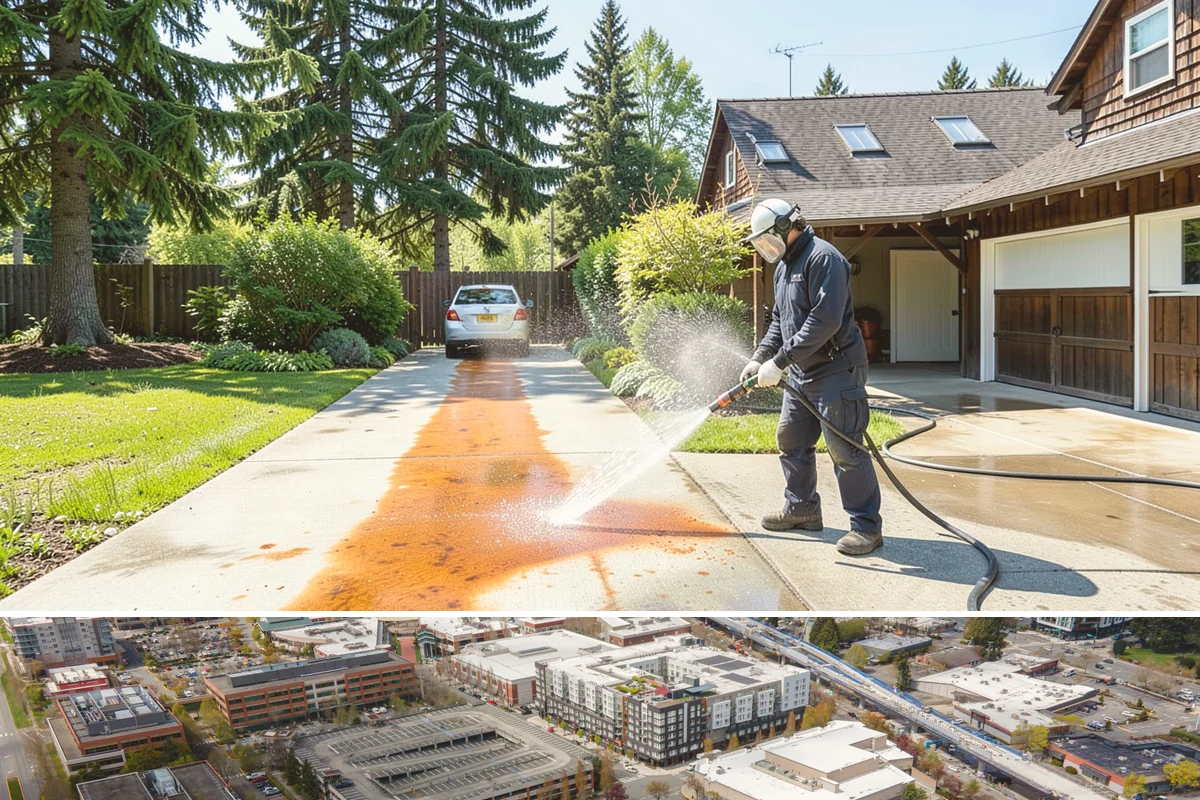 Drive-Thru Cleaning in Redmond, King County, WA - Best cleaned every quarter year-round, with extra attention in fall when leaf litter and rain accelerate algae in the lane.