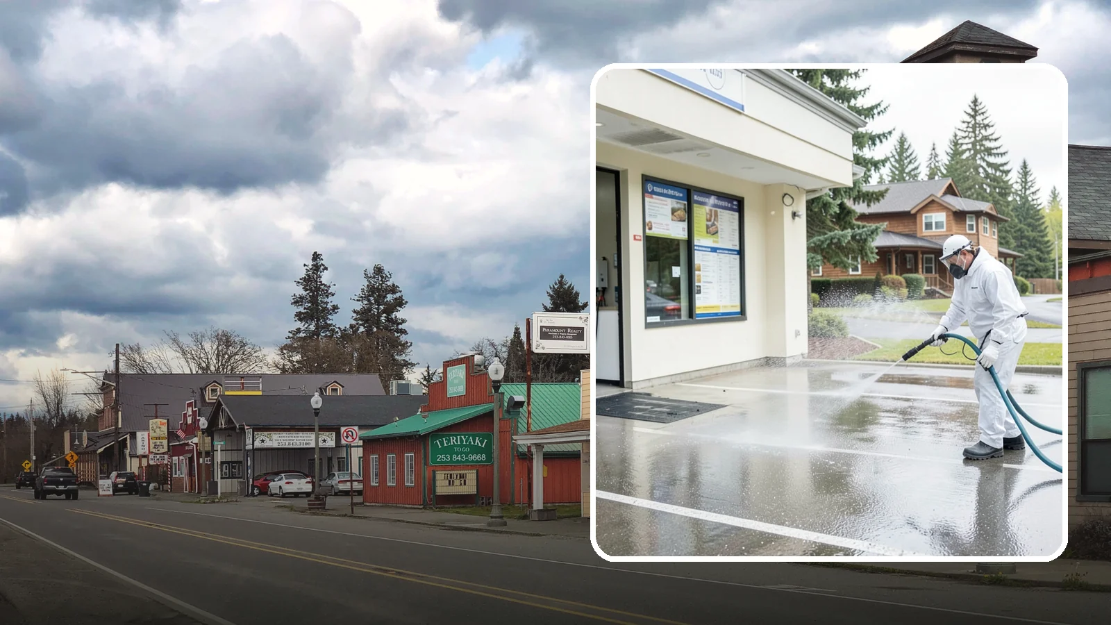 Drive-Thru Cleaning in Roy, Pierce County, WA - Targeted cleaning of drive-thru lanes, order windows, and menu-board pads where spilled food, grease, and PNW moss build up fast.