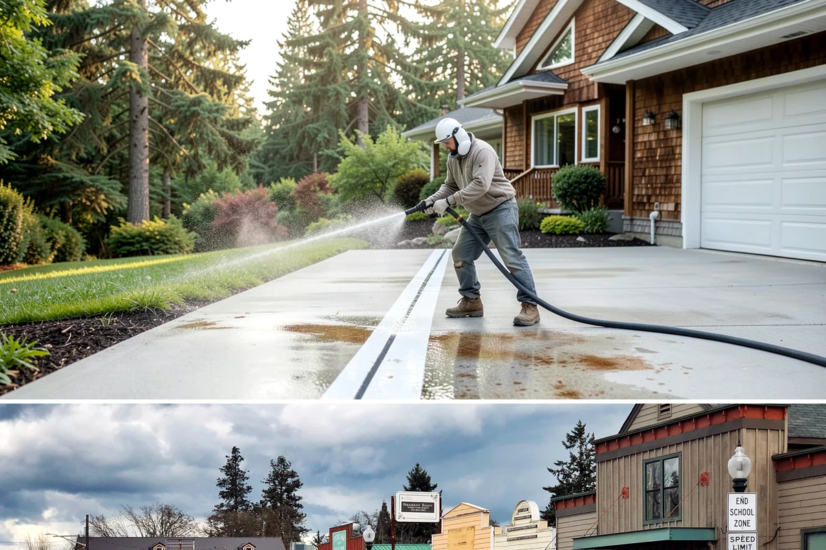 Drive-Thru Cleaning in Roy, Pierce County, WA - Best cleaned every quarter year-round, with extra attention in fall when leaf litter and rain accelerate algae in the lane.