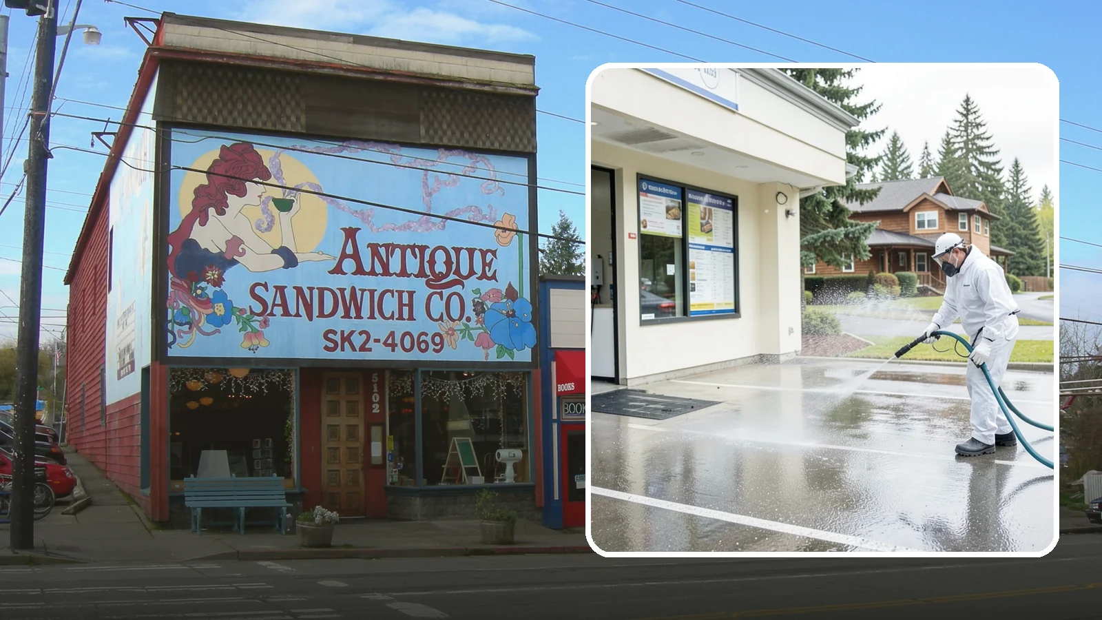 Drive-Thru Cleaning in Ruston, Pierce County, WA - Targeted cleaning of drive-thru lanes, order windows, and menu-board pads where spilled food, grease, and PNW moss build up fast.