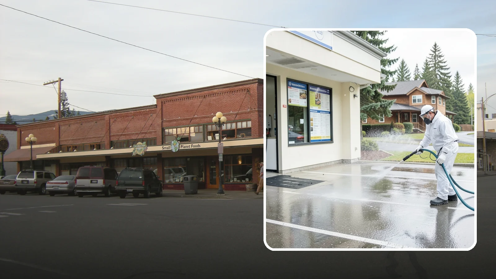 Drive-Thru Cleaning in Sedro-Woolley, Skagit County, WA - Targeted cleaning of drive-thru lanes, order windows, and menu-board pads where spilled food, grease, and PNW moss build up fast.
