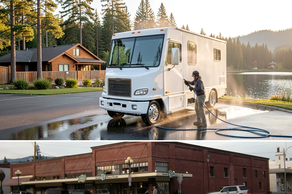 Drive-Thru Cleaning in Sedro-Woolley, Skagit County, WA - Best cleaned every quarter year-round, with extra attention in fall when leaf litter and rain accelerate algae in the lane.