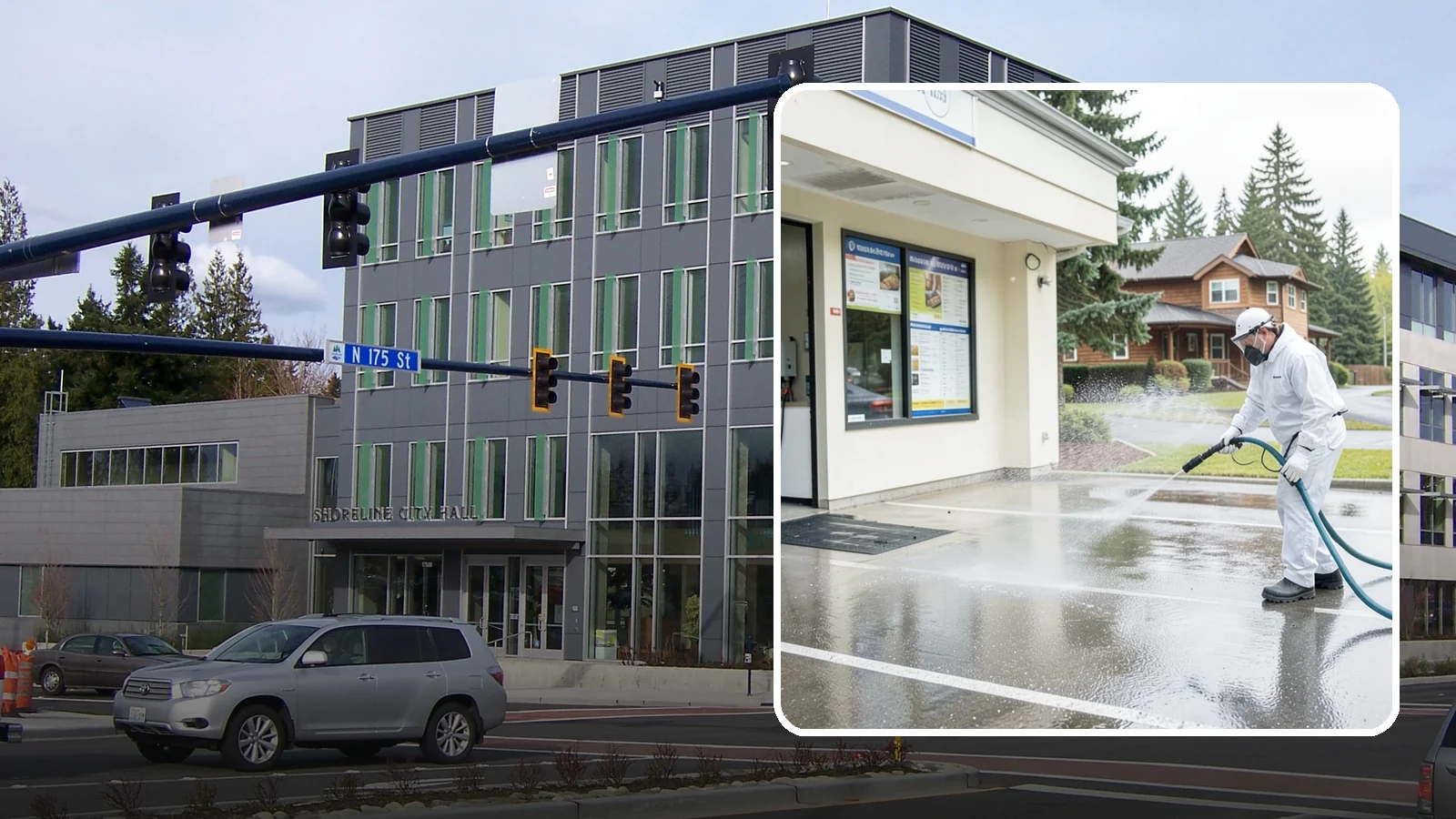 Drive-Thru Cleaning in Shoreline, King County, WA - Targeted cleaning of drive-thru lanes, order windows, and menu-board pads where spilled food, grease, and PNW moss build up fast.