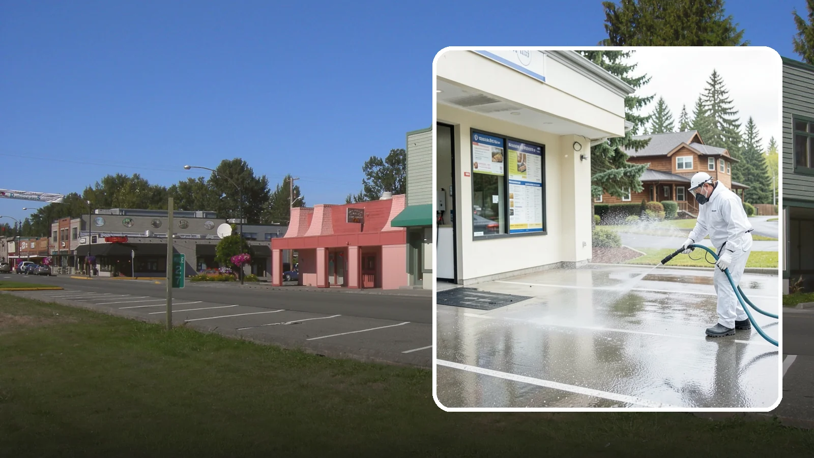Drive-Thru Cleaning in Snoqualmie, King County, WA - Targeted cleaning of drive-thru lanes, order windows, and menu-board pads where spilled food, grease, and PNW moss build up fast.
