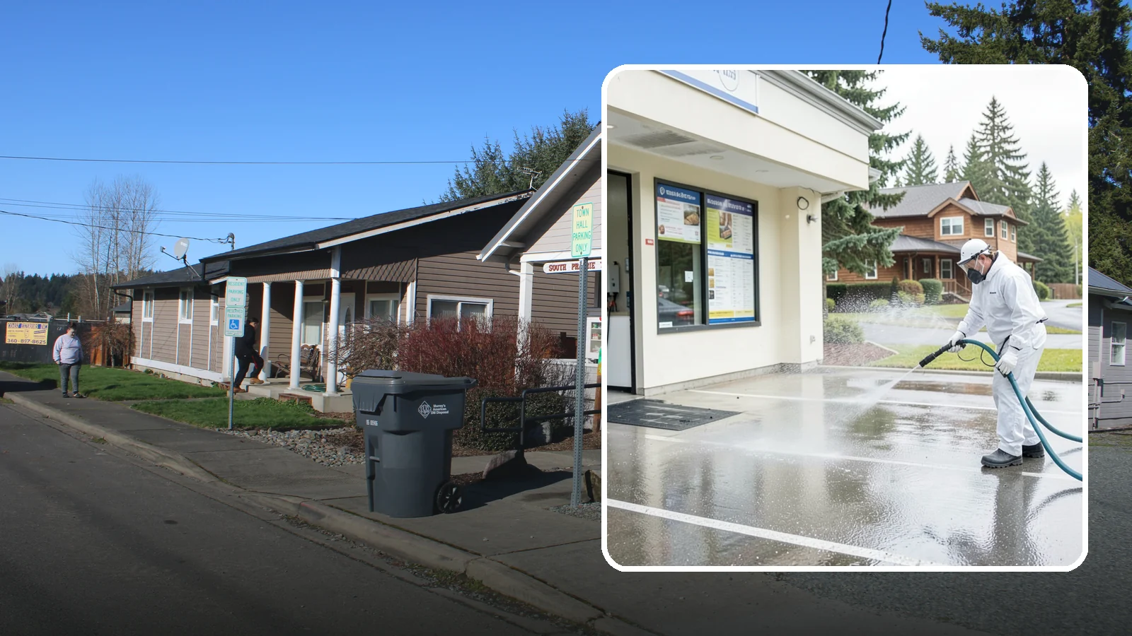 Drive-Thru Cleaning in South Prairie, Pierce County, WA - Targeted cleaning of drive-thru lanes, order windows, and menu-board pads where spilled food, grease, and PNW moss build up fast.