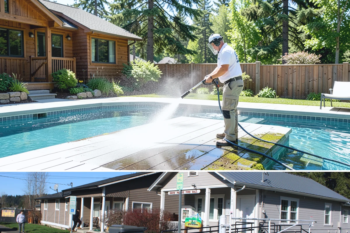 Drive-Thru Cleaning in South Prairie, Pierce County, WA - Best cleaned every quarter year-round, with extra attention in fall when leaf litter and rain accelerate algae in the lane.