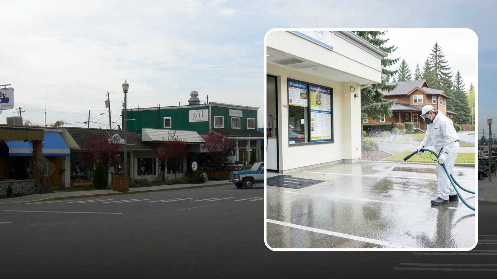 Drive-Thru Cleaning in Stanwood, Snohomish County, WA - Targeted cleaning of drive-thru lanes, order windows, and menu-board pads where spilled food, grease, and PNW moss build up fast.
