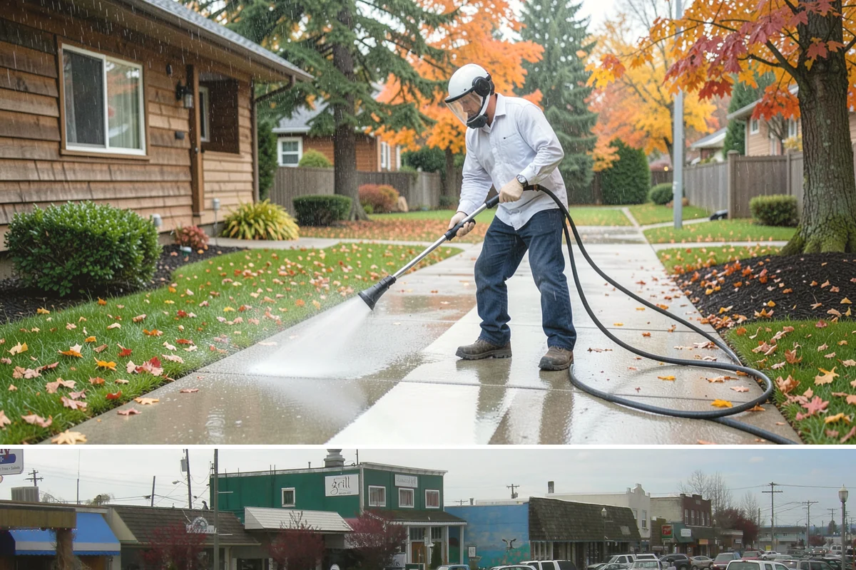 Drive-Thru Cleaning in Stanwood, Snohomish County, WA - Best cleaned every quarter year-round, with extra attention in fall when leaf litter and rain accelerate algae in the lane.