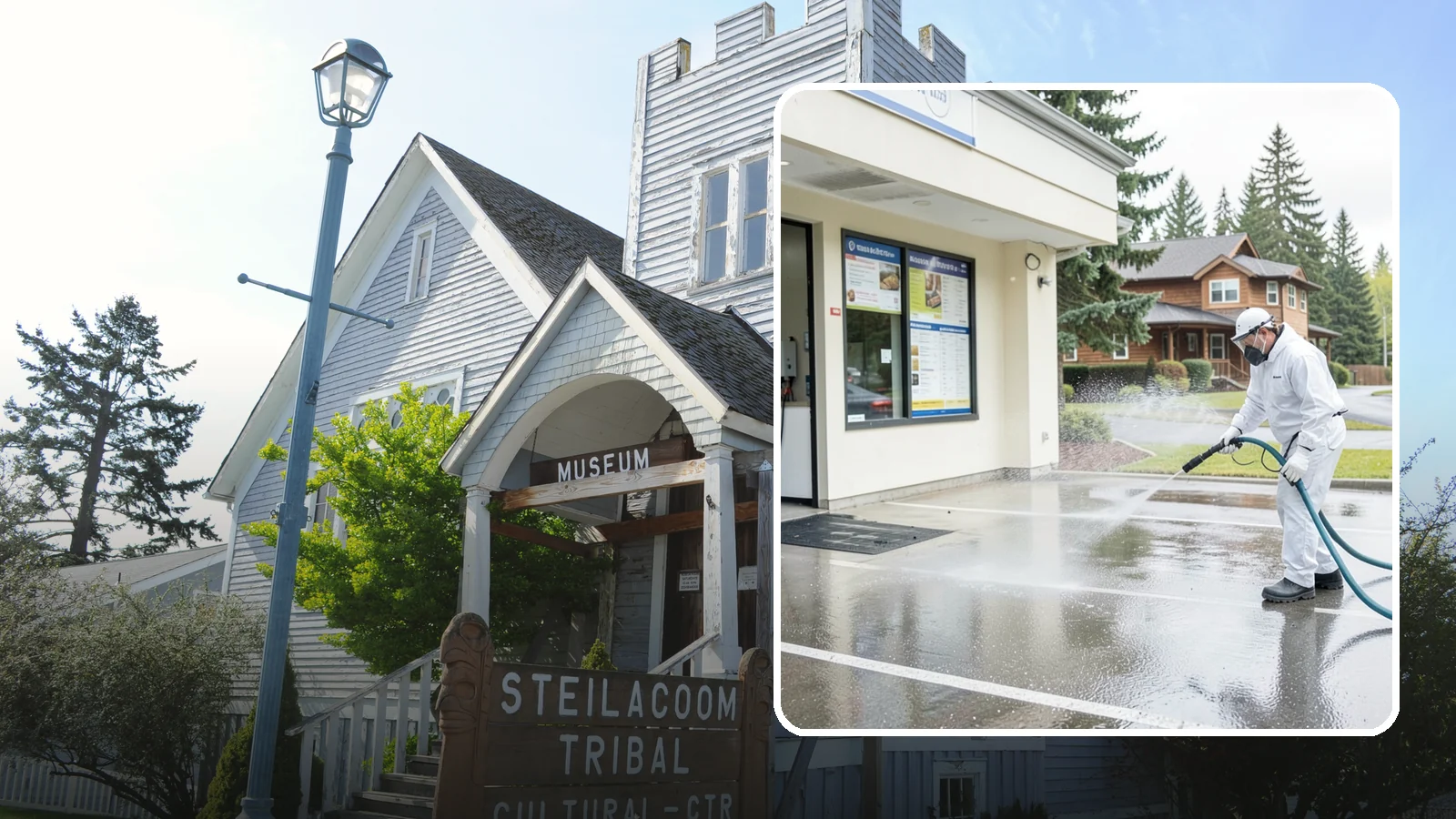 Drive-Thru Cleaning in Steilacoom, Pierce County, WA - Targeted cleaning of drive-thru lanes, order windows, and menu-board pads where spilled food, grease, and PNW moss build up fast.