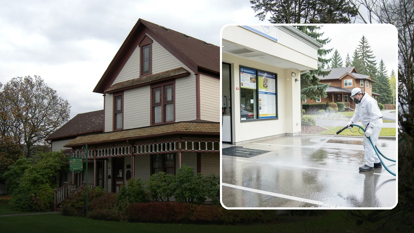 Drive-Thru Cleaning in Sumner, Pierce County, WA - Targeted cleaning of drive-thru lanes, order windows, and menu-board pads where spilled food, grease, and PNW moss build up fast.