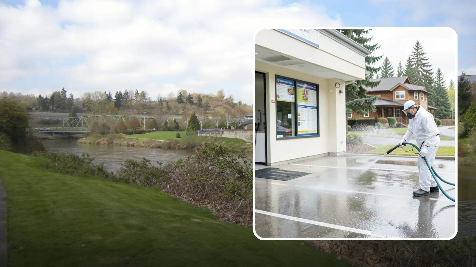 Drive-Thru Cleaning in Tukwila, King County, WA - Targeted cleaning of drive-thru lanes, order windows, and menu-board pads where spilled food, grease, and PNW moss build up fast.