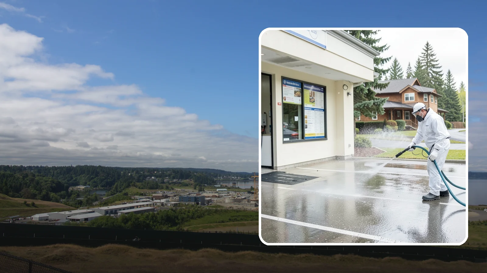 Drive-Thru Cleaning in University Place, Pierce County, WA - Targeted cleaning of drive-thru lanes, order windows, and menu-board pads where spilled food, grease, and PNW moss build up fast.