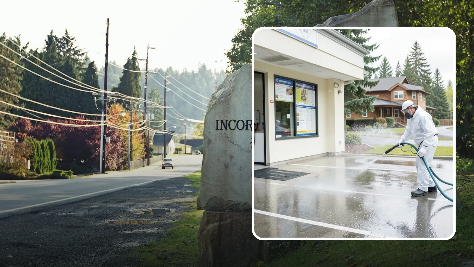 Drive-Thru Cleaning in Wilkeson, Pierce County, WA - Targeted cleaning of drive-thru lanes, order windows, and menu-board pads where spilled food, grease, and PNW moss build up fast.