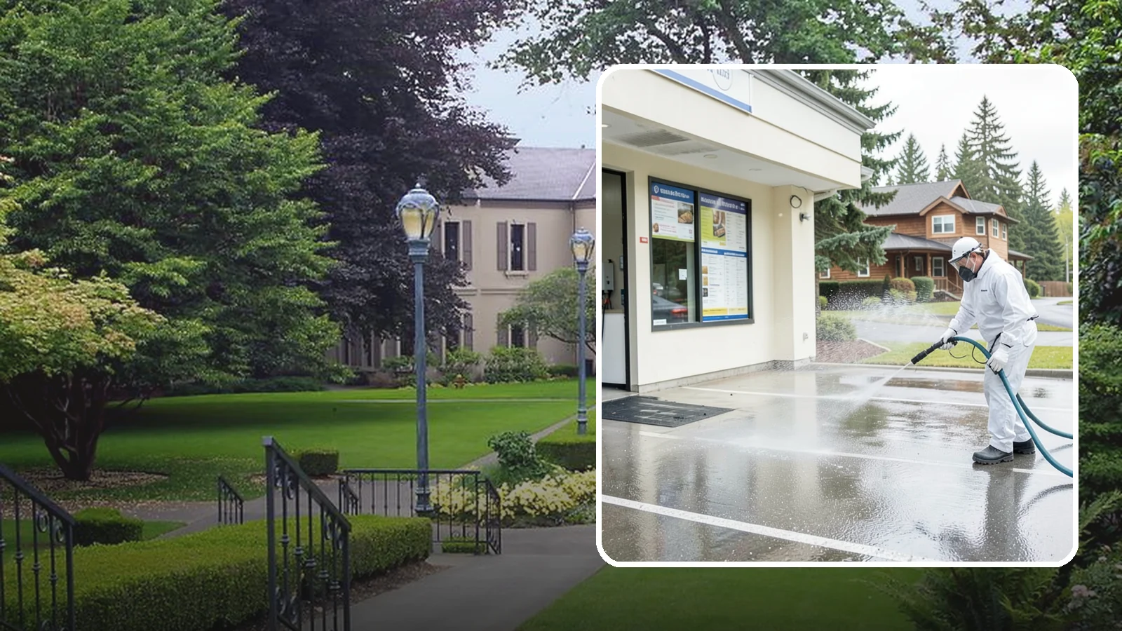 Drive-Thru Cleaning in Woodinville, King County, WA - Targeted cleaning of drive-thru lanes, order windows, and menu-board pads where spilled food, grease, and PNW moss build up fast.