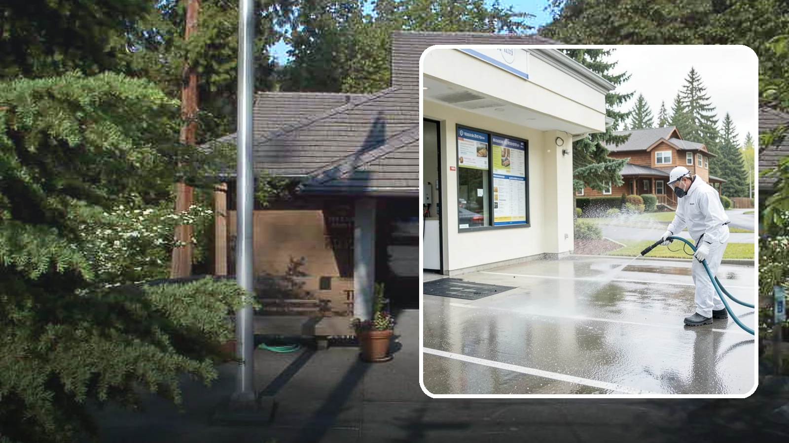Drive-Thru Cleaning in Yarrow Point, King County, WA - Targeted cleaning of drive-thru lanes, order windows, and menu-board pads where spilled food, grease, and PNW moss build up fast.