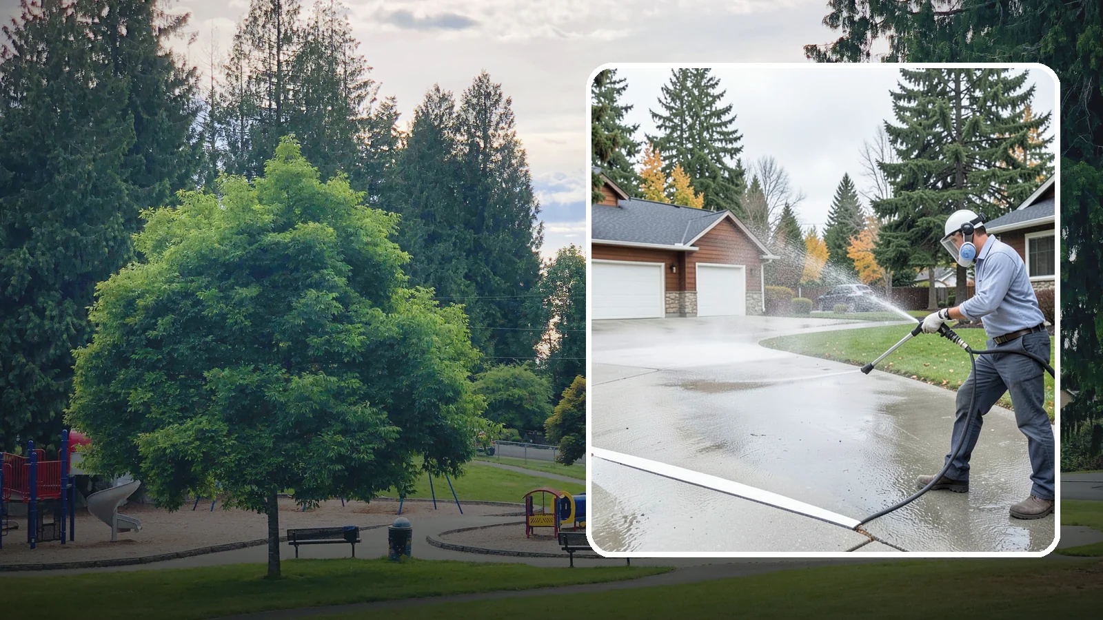 Driveway & Walkway Package in Bonney Lake, Pierce County, WA - We surface clean your driveway and connecting walkways together for a uniform, moss-free entrance to your home.