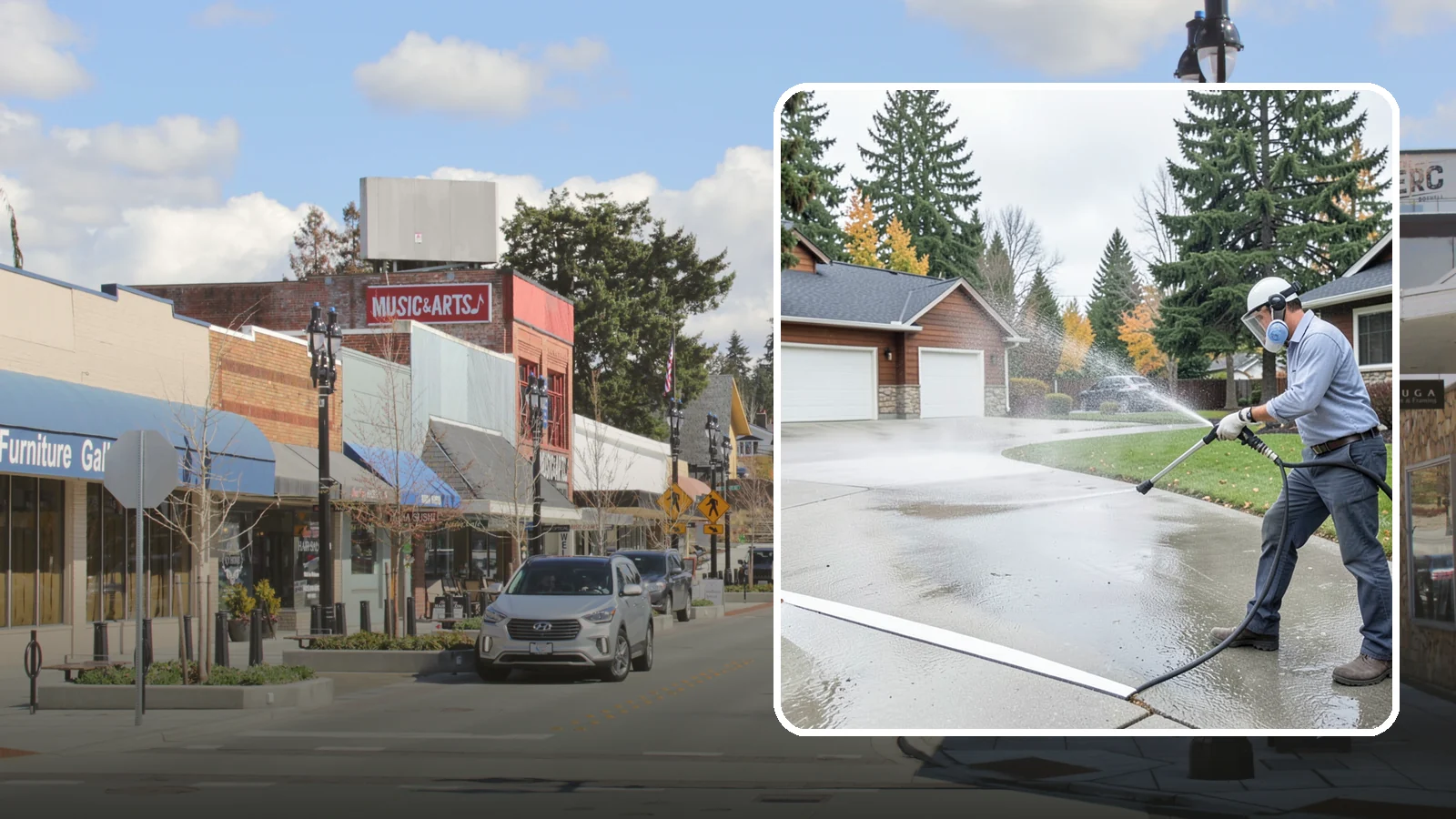 Driveway & Walkway Package in Bothell, King County, WA - We surface clean your driveway and connecting walkways together for a uniform, moss-free entrance to your home.