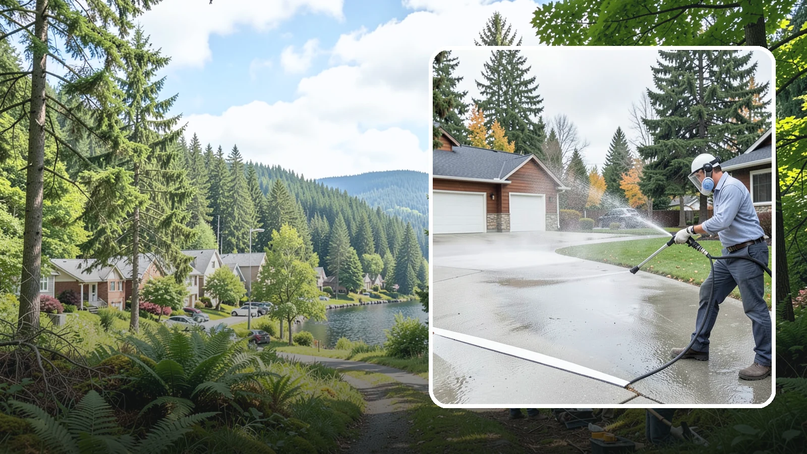 Driveway & Walkway Package in Lake Forest Park, King County, WA - We surface clean your driveway and connecting walkways together for a uniform, moss-free entrance to your home.