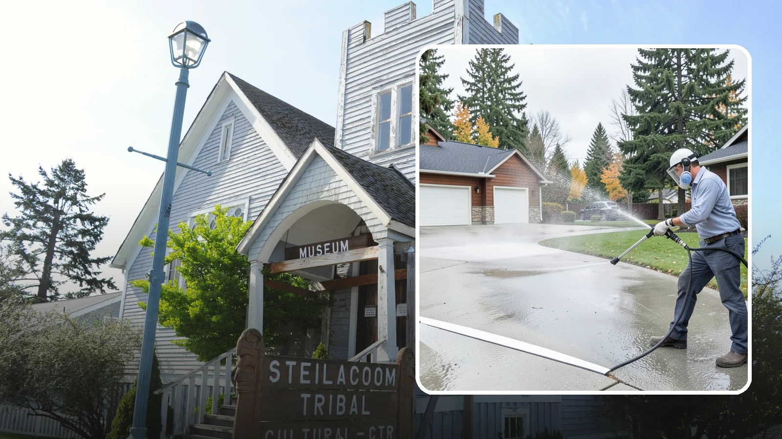 Driveway & Walkway Package in Steilacoom, Pierce County, WA - We surface clean your driveway and connecting walkways together for a uniform, moss-free entrance to your home.