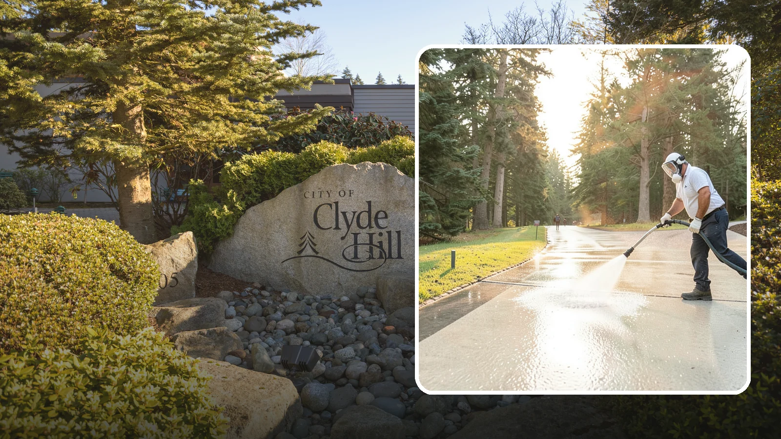 Driveway Brightening in Clyde Hill, King County, WA - A brightening treatment that restores a faded, weather-dulled driveway to a clean, uniform tone.