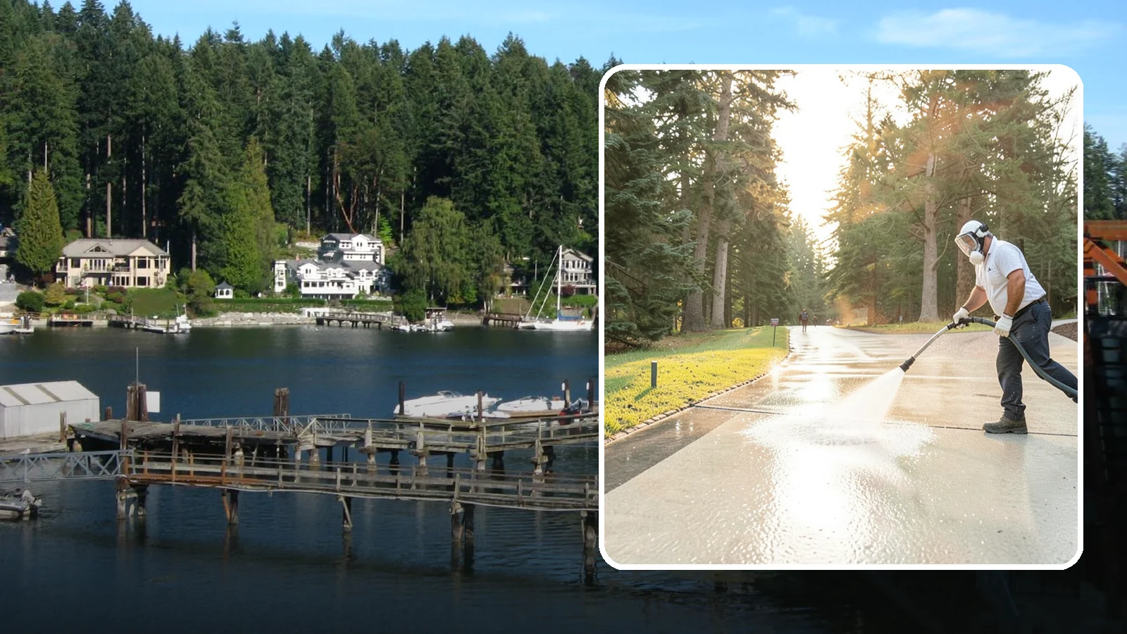 Driveway Brightening in Gig Harbor, Pierce County, WA - A brightening treatment that restores a faded, weather-dulled driveway to a clean, uniform tone.