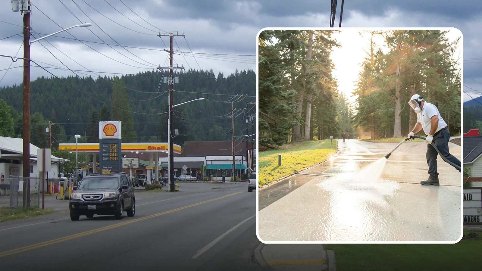 Driveway Brightening in Granite Falls, Snohomish County, WA - A brightening treatment that restores a faded, weather-dulled driveway to a clean, uniform tone.