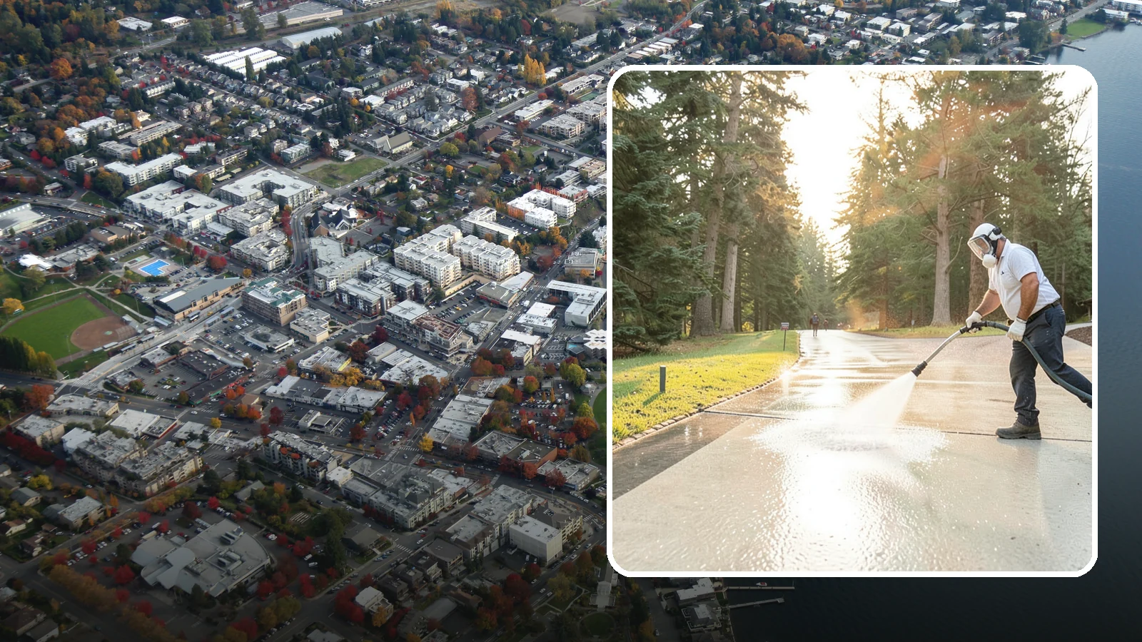Driveway Brightening in Kirkland, King County, WA - A brightening treatment that restores a faded, weather-dulled driveway to a clean, uniform tone.